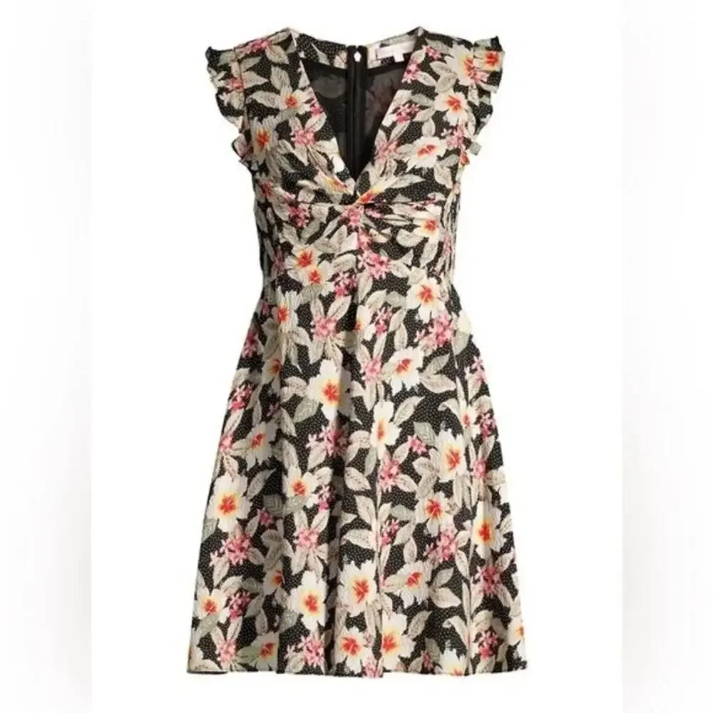 Rebecca Taylor Kamea Fleur Silk V-Neck Floral Mini Dress Smocked Flutter Y2K